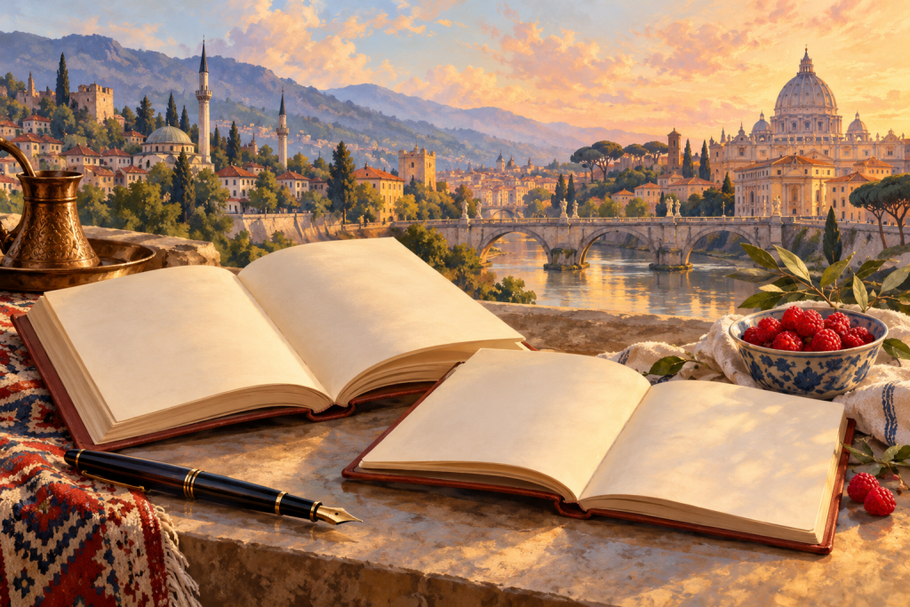 Vlastita AI ilustracija knjiga i malina sa zamišljenim obrisima Sarajeva i Rima