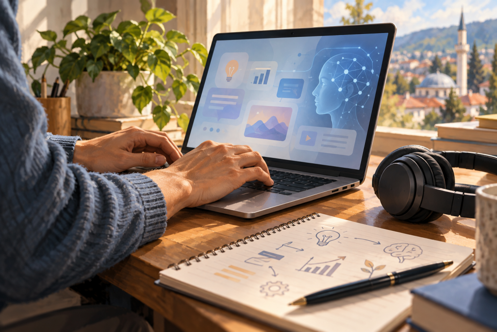 AI ilustracija učenja digitalnih vještina uz laptop i slušalice