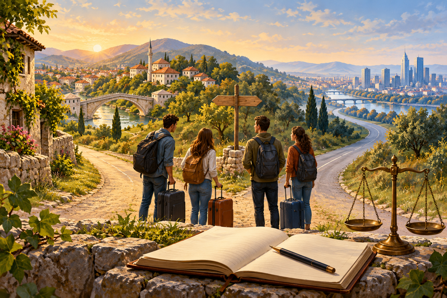 Simbolična AI ilustracija mladih pred odlukom o ostanku ili odlasku