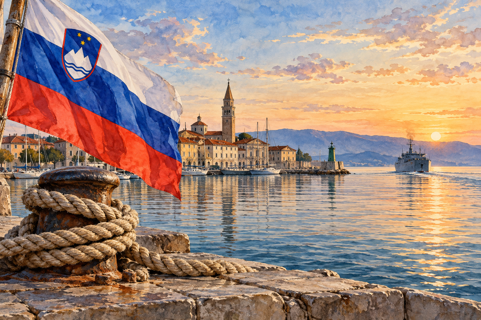 Koparska luka i slovenska zastava — simbolična AI ilustracija