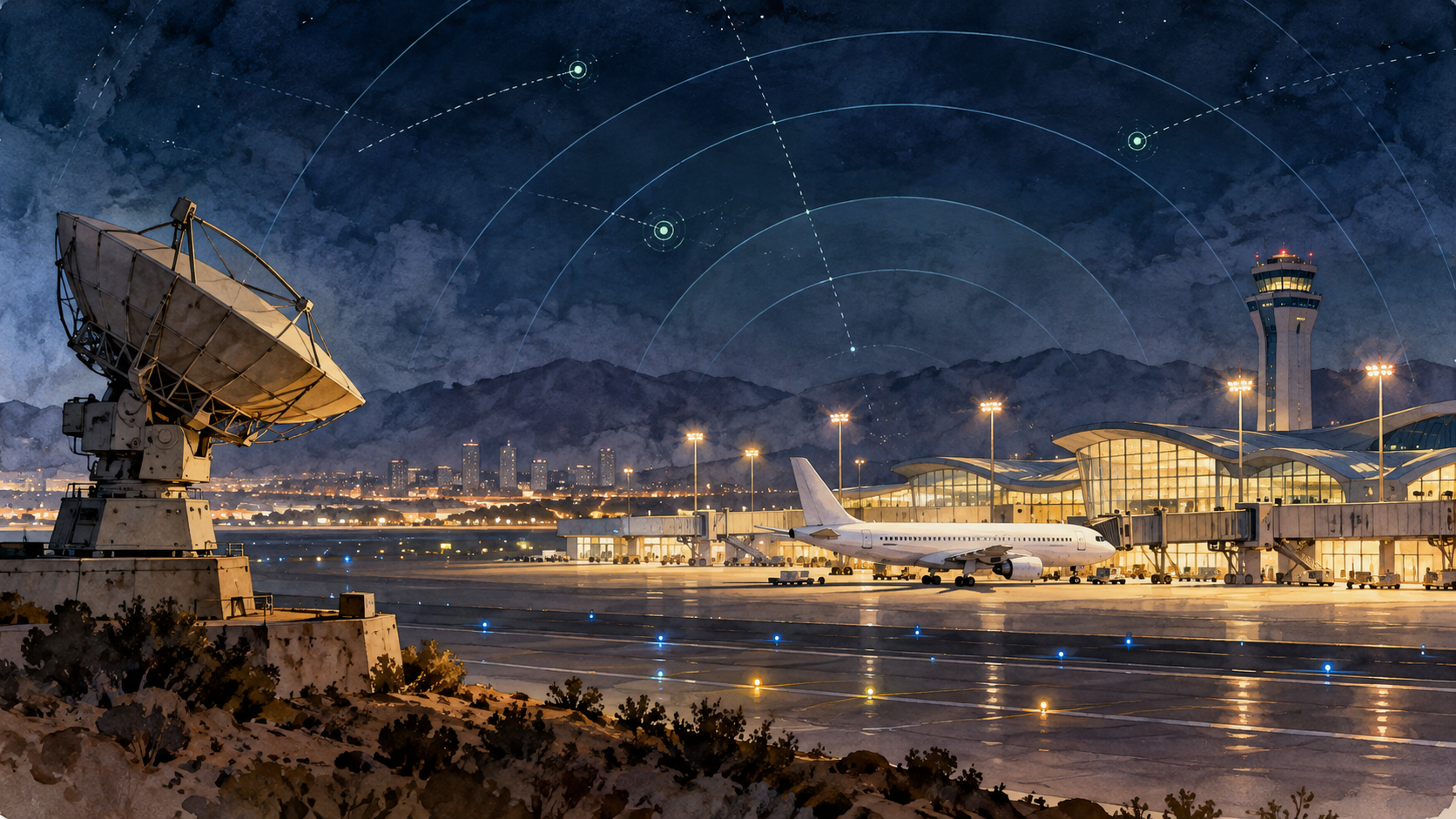 Simbolična AI ilustracija aerodroma i radara, bez prikaza stvarnog napada