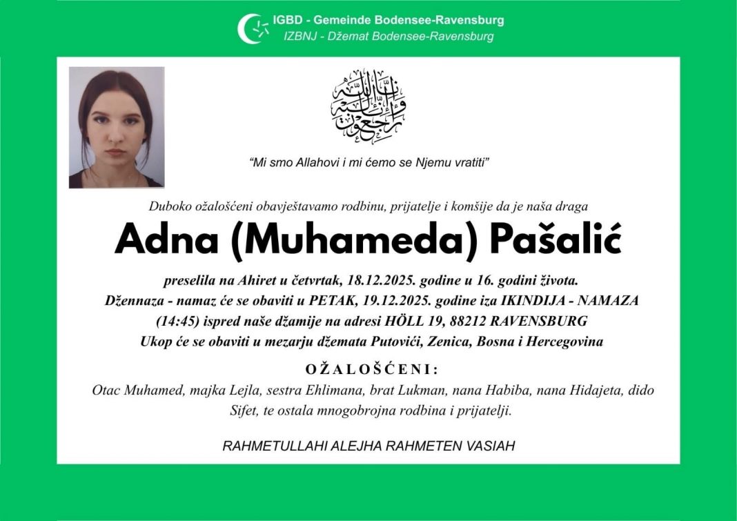 PRERANO UGAŠEN MLAD ŽIVOT Preminula 16-godišnja Adna Pašalić - featured image PRERANO UGAŠEN MLAD ŽIVOT Preminula 16-godišnja Adna Pašalić - featured image
