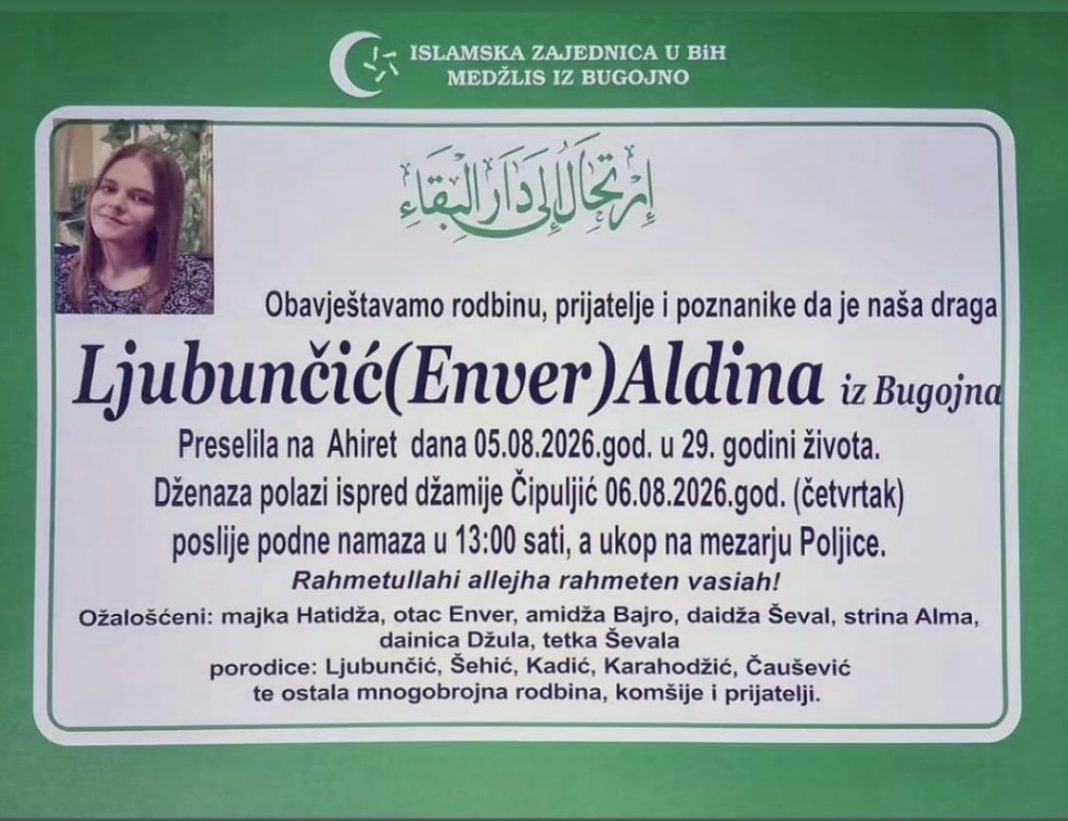 Bugojno zavijeno u crno: U 29. godini života preminula Aldina Ljubunčić - featured image Bugojno zavijeno u crno: U 29. godini života preminula Aldina Ljubunčić - featured image