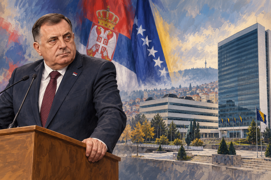 bih-cover Simbolična AI ilustracija Milorada Dodika i institucija BiH nakon izbora u Srbiji