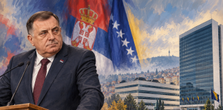 Simbolična AI ilustracija Milorada Dodika i institucija BiH nakon izbora u Srbiji