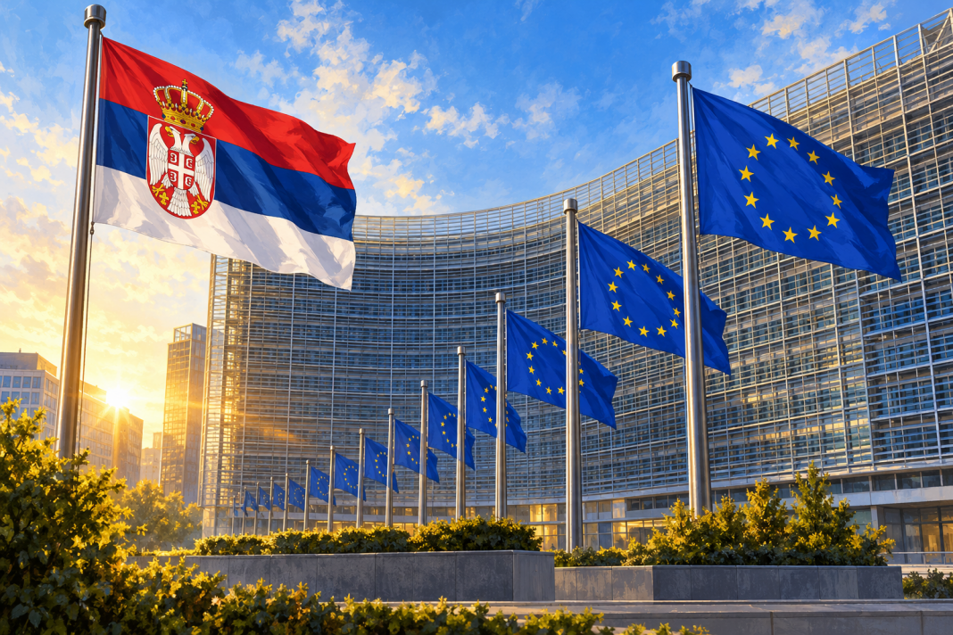 eu-cover Simbolična AI ilustracija evropskih institucija i zastava Srbije i EU