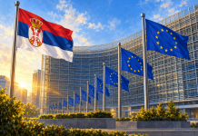 Simbolična AI ilustracija evropskih institucija i zastava Srbije i EU