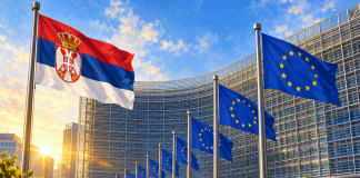 Simbolična AI ilustracija evropskih institucija i zastava Srbije i EU