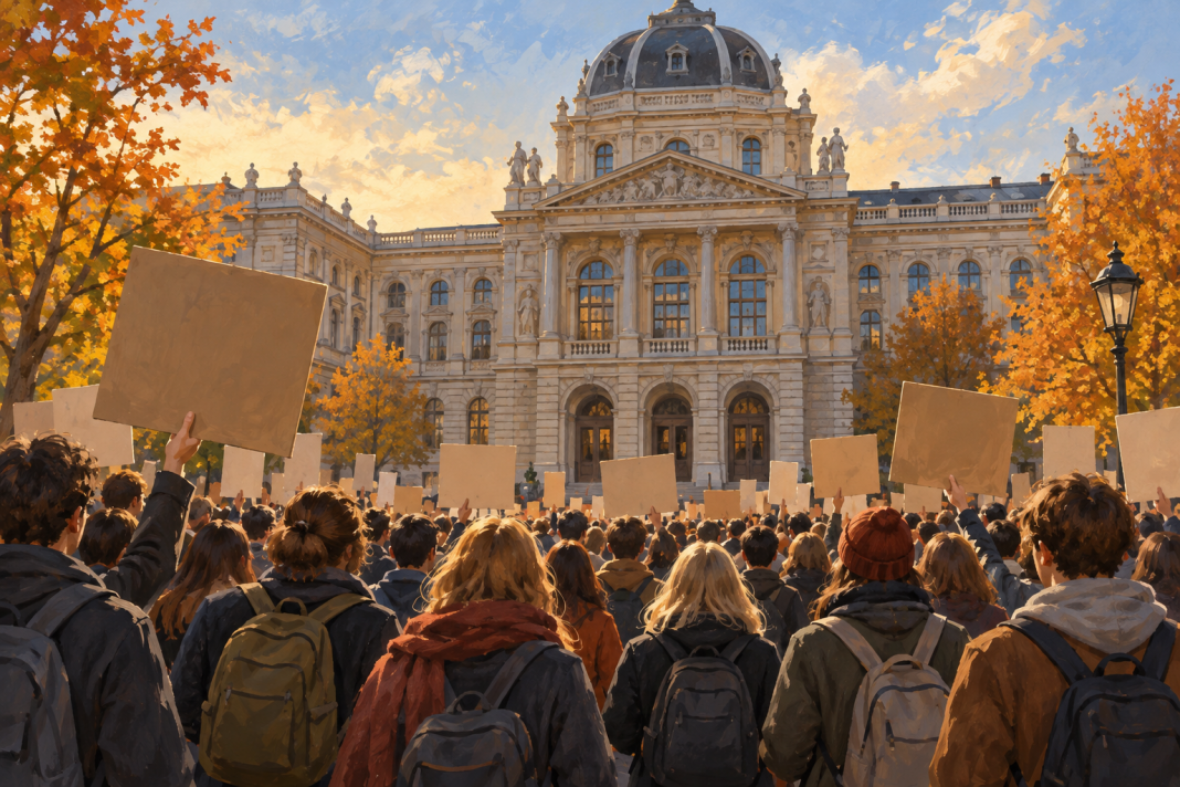 Studentski protest – vlastita AI ilustracija Vlastita AI ilustracija studentskog protesta ispred simbolične univerzitetske zgrade; nije fotografija događaja.