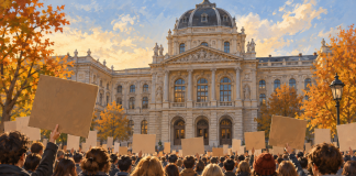 Vlastita AI ilustracija studentskog protesta ispred simbolične univerzitetske zgrade; nije fotografija događaja.