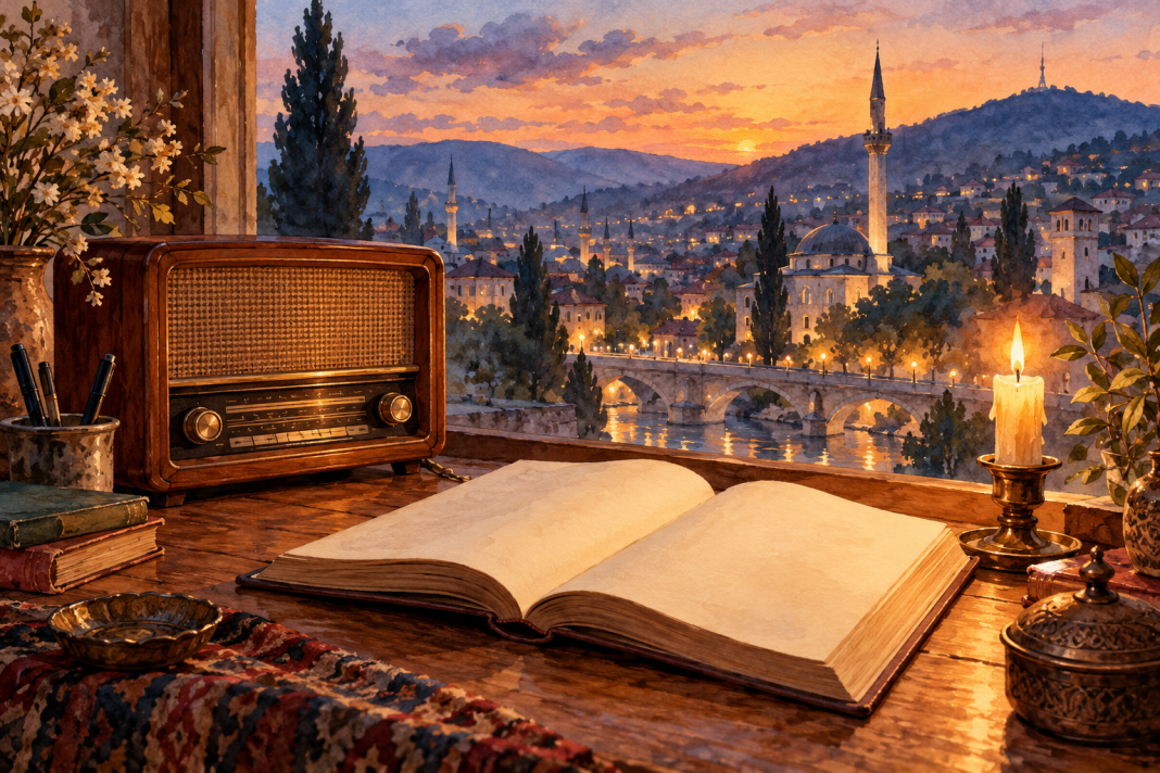 Radio i književnost – vlastita AI ilustracija Vlastita AI ilustracija radija i knjige uz zamišljeni sarajevski pejzaž; nije fotografija autora ni promocije.
