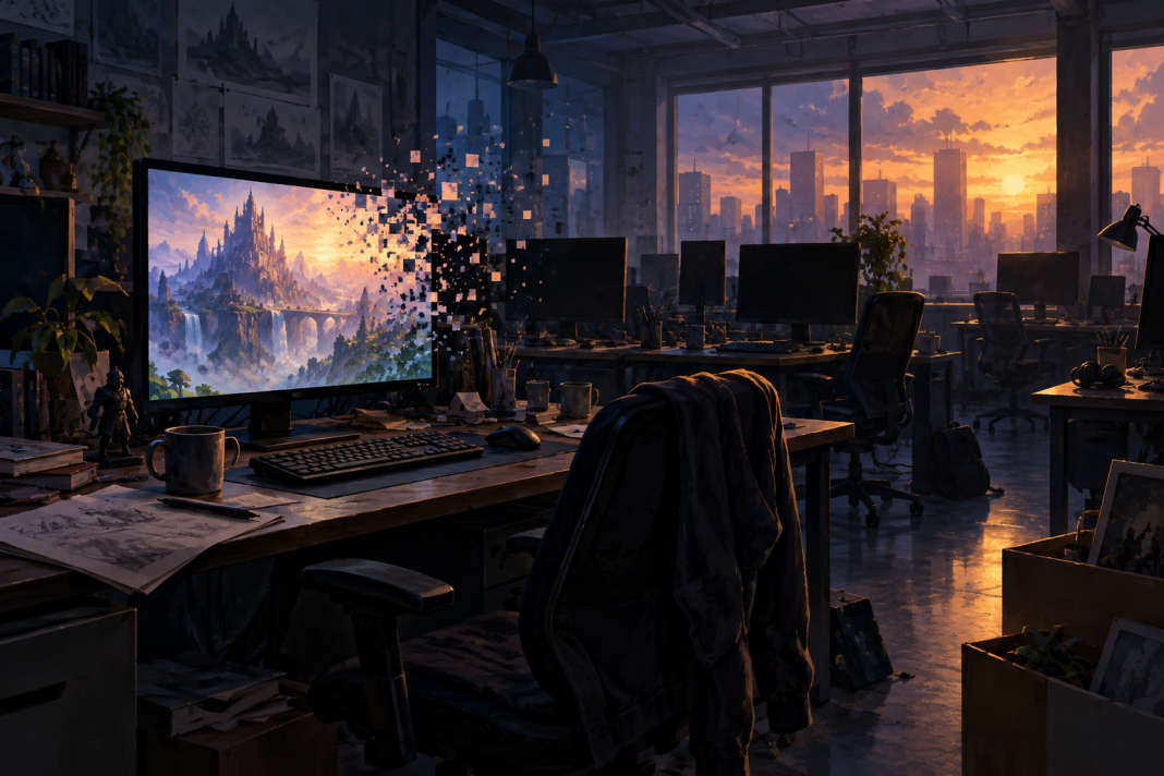 BioWare — simbolična AI ilustracija zatvaranja studija Simbolično zatvaranje studija za videoigre — vlastita AI ilustracija