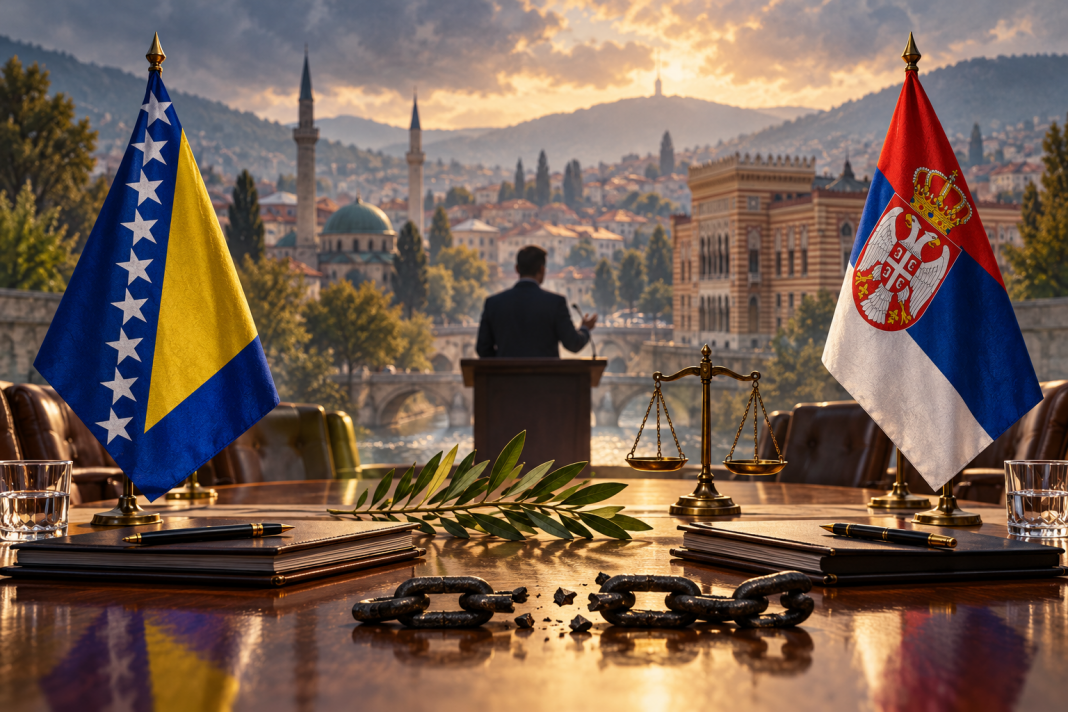 Simbolična AI ilustracija odnosa Bosne i Hercegovine i Srbije