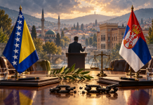 Simbolična AI ilustracija odnosa Bosne i Hercegovine i Srbije