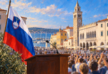 Koper i slovenska zastava uz govornicu — simbolična AI ilustracija