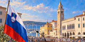 Koper i slovenska zastava uz govornicu — simbolična AI ilustracija