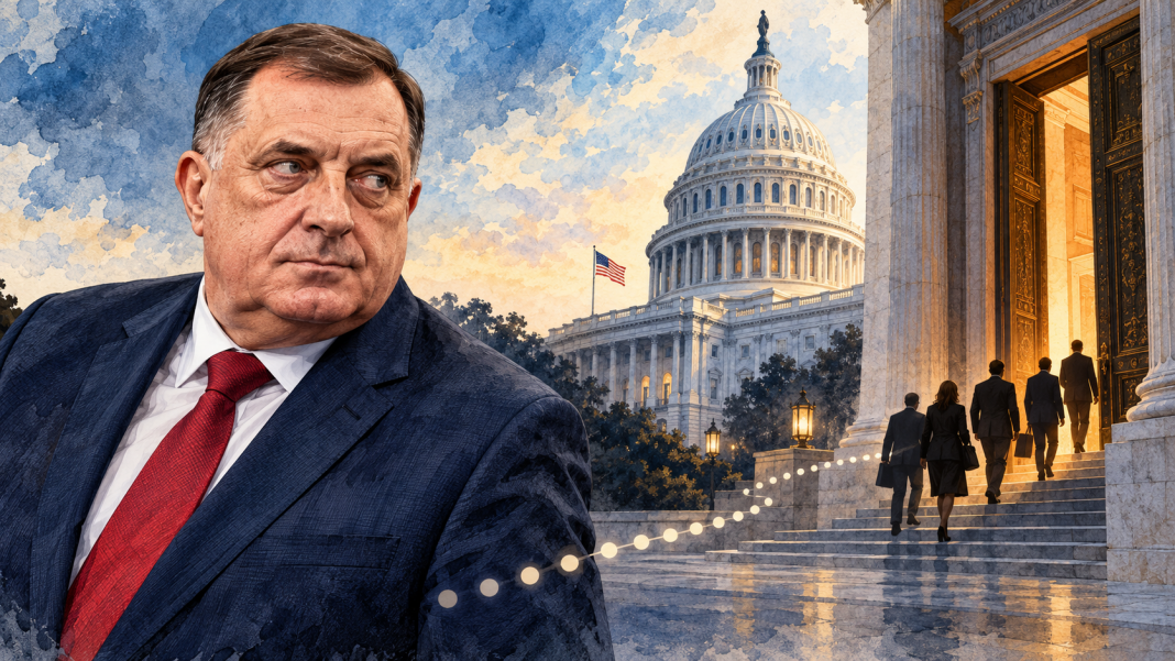 Vlastita AI ilustracija Milorada Dodika uz simbolična vrata Washingtona i američki Kapitol