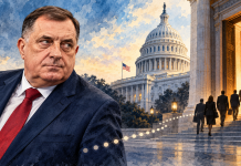 Vlastita AI ilustracija Milorada Dodika uz simbolična vrata Washingtona i američki Kapitol
