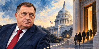 Vlastita AI ilustracija Milorada Dodika uz simbolična vrata Washingtona i američki Kapitol
