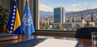 Simbolična AI ilustracija izvještaja o BiH uz zastave BiH i UN-a