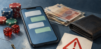 Telefon, novčanik i simbol upozorenja — vlastita AI ilustracija internetskih prevara