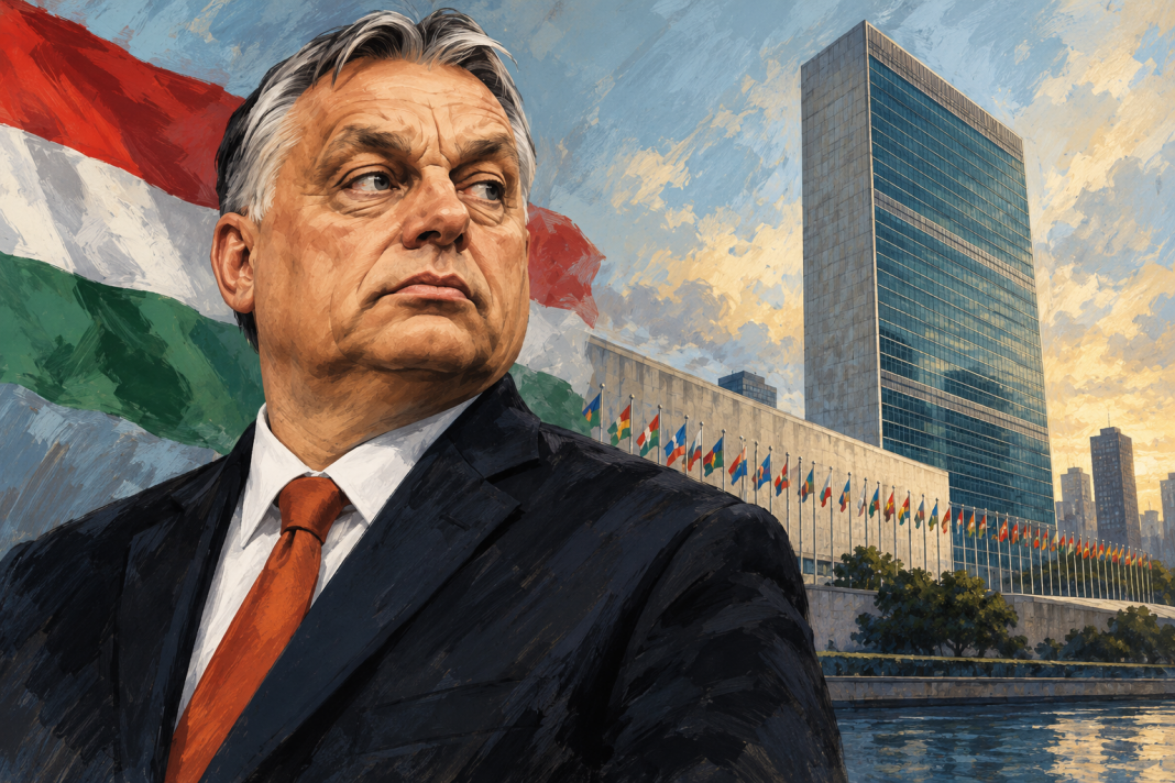 Simbolična AI ilustracija Viktora Orbana ispred sjedišta UN-a