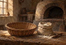 Prazna korpa za hljeb, brašno i peć — simbolična AI ilustracija