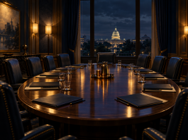 Simbolična AI ilustracija zatvorene konferencijske sale u Washingtonu