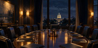 Simbolična AI ilustracija zatvorene konferencijske sale u Washingtonu