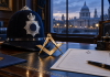 Simbolična AI ilustracija policijske kacige i masonskih simbola