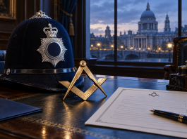 Simbolična AI ilustracija policijske kacige i masonskih simbola