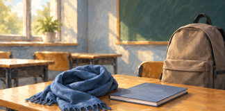Školski pribor i složena marama — simbolična AI ilustracija