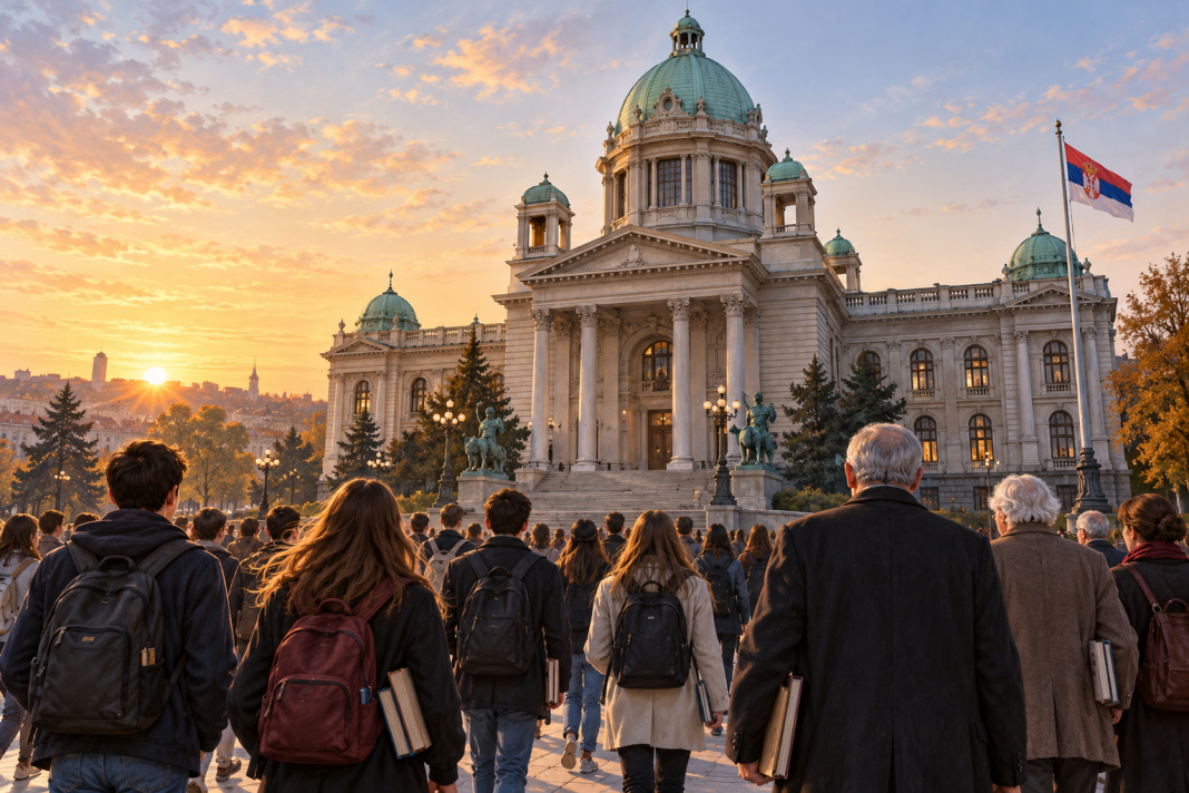 Simbolična AI ilustracija studenata i profesora ispred Skupštine Srbije