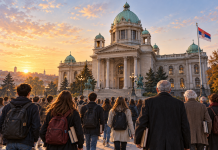 Simbolična AI ilustracija studenata i profesora ispred Skupštine Srbije