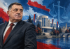 Milorad Dodik i simbolična arhitektura Banje Luke — vlastita AI ilustracija ustavne rasprave