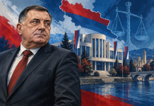 Milorad Dodik i simbolična arhitektura Banje Luke — vlastita AI ilustracija ustavne rasprave