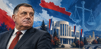 Dodik najavljuje novi ustav RS: Pravnici upozoravaju gdje su granice promjena Milorad Dodik i simbolična arhitektura Banje Luke — vlastita AI ilustracija ustavne rasprave