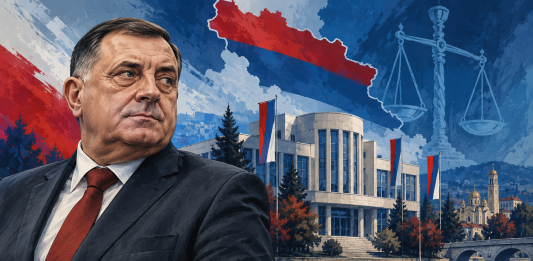 Dodik najavljuje novi ustav RS: Pravnici upozoravaju gdje su granice promjena Milorad Dodik i simbolična arhitektura Banje Luke — vlastita AI ilustracija ustavne rasprave
